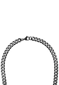 Ketting met schakels die zijn gemaakt van metaalsegmenten in zwart en zilver die met elkaar zijn verbonden. Dikke uitstraling met een glanzend oppervlak en een sluiting met een kreeftsklip.