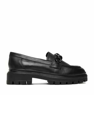 Sort læderloafers med chunky mønstret sål og dekorativ kædedetalje på toppen, vist fra siden mod en hvid baggrund.