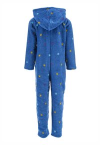 Pijama de felpa azul con capucha, que presenta una textura suave y patrones de estrellas multicolores. Mangas largas y pantalones con dobladillos ajustados.