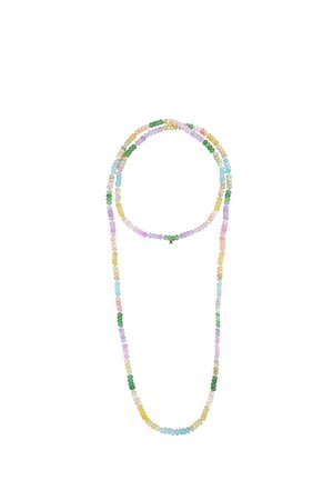 Collar largo de cuentas con cuentas pequeñas y redondas en colores pastel que incluyen verde, amarillo, púrpura, rosa, azul y blanco.