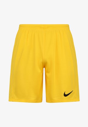 Pantaloni corti gialli Nike con cintura elastica, realizzati in tessuto liscio. Presentano un logo Nike nero sul lato sinistro inferiore.