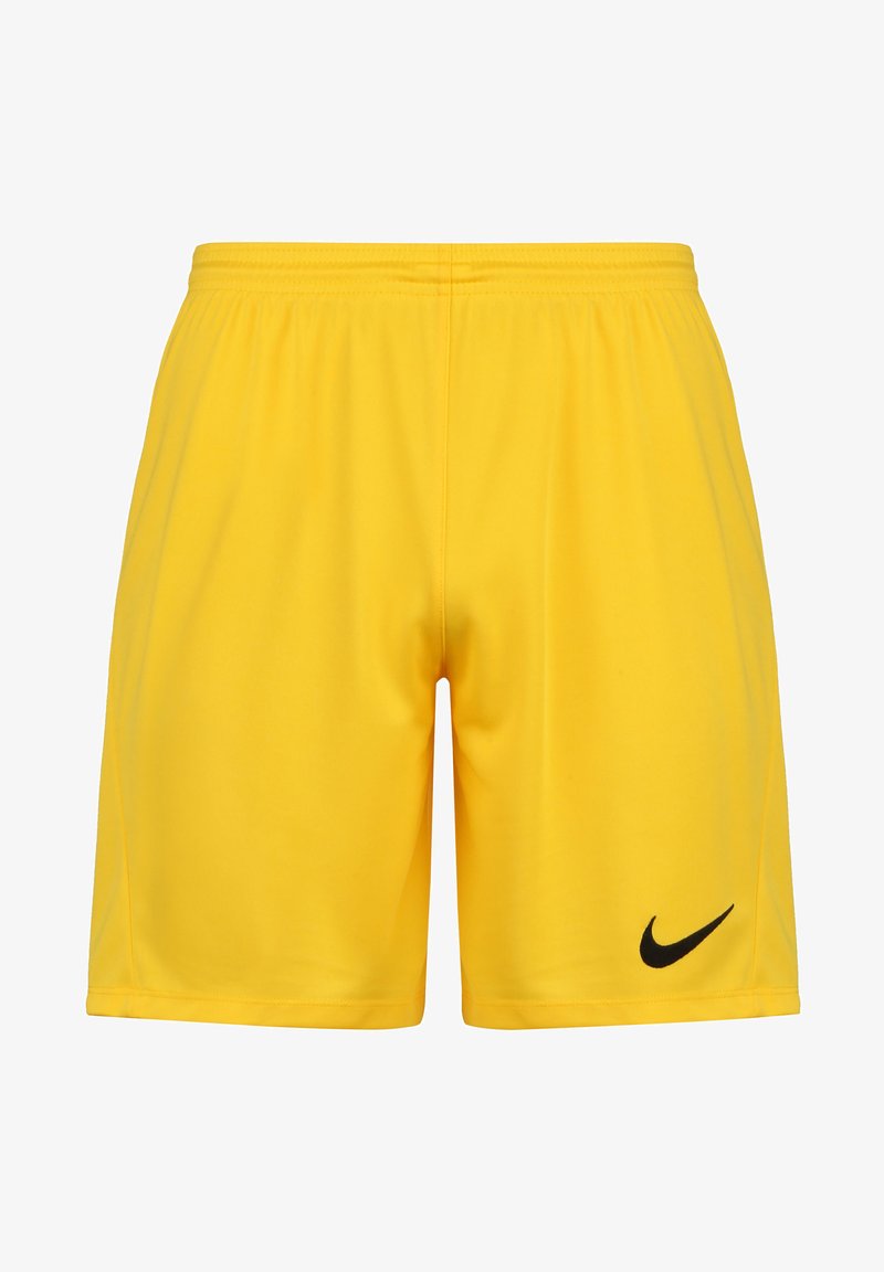 Shorts Nike jaunes avec une taille élastique, fabriqués en tissu lisse. Présente un logo Nike noir sur le bas à gauche.