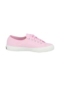 Sneaker in tela rosa con suola in gomma bianca, punta rotonda, sei occhielli in metallo e lacci rosa coordinati. Tessuto texture e design semplice.