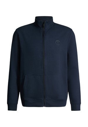Dunkelblaue Zip-Up-Jacke mit Stehkragen, langen Ärmeln, Fronttaschen und dezentem rundem Logo auf der linken Brust.