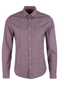 Långärmad skjorta med knappar i en djup mauve-färg, med ett texturerat mönster, standardkrage och en bröstficka med kontrasterande knappar.