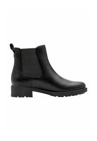 Bottine Chelsea en cuir noir avec panneau latéral élastique, languette au talon, petit talon empilé et semelle en caoutchouc texturée.
