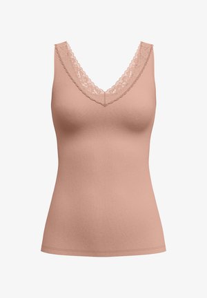 Top beige senza maniche con scollo a V rifinito in pizzo, silhouette aderente, tessuto liscio, progettato per donne.