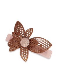 Brun blommig hårklämma med utskuren bladdesign, slät rosa bas och en rund, glittrande mittaccent. Detaljerad och lätt konstruktion.