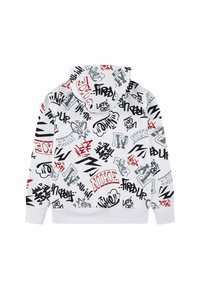 Witte hoodie met een graffiti-achtig print in rood, zwart en groen, met logo's en zinnen. Het materiaal is zacht, met ribgebreide manchetten en onderrand.