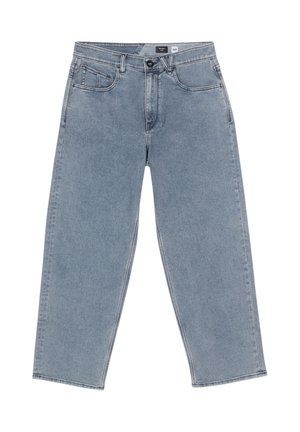 Hellblaue Jeans im weiten Schnitt aus Denim mit Knopfverschluss, fünf Taschen und geraden Beinen. Weicher Stoff, minimale Verwaschung und saubere Nähte.