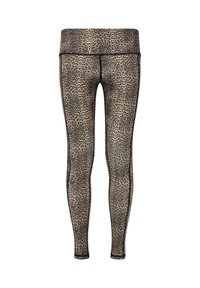 Leggings en imprimé léopard beige et noir, avec une taille haute, une texture lisse et une coupe ajustée.