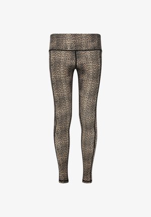 Beige en zwarte leggings met luipaardpatroon, met een hoge tailleband, een gladde textuur en een aansluitend ontwerp.