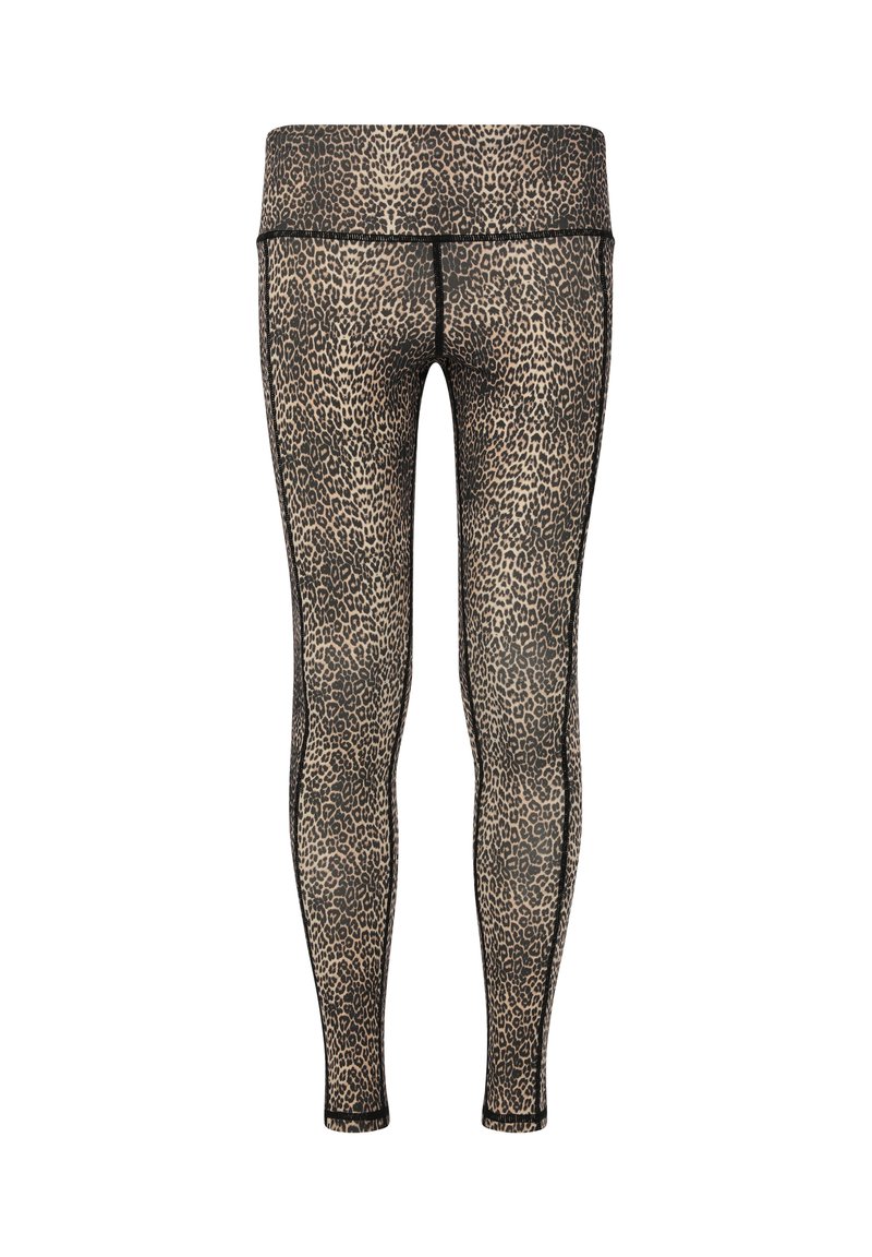 Leggings en imprimé léopard beige et noir, avec une taille haute, une texture lisse et une coupe ajustée.