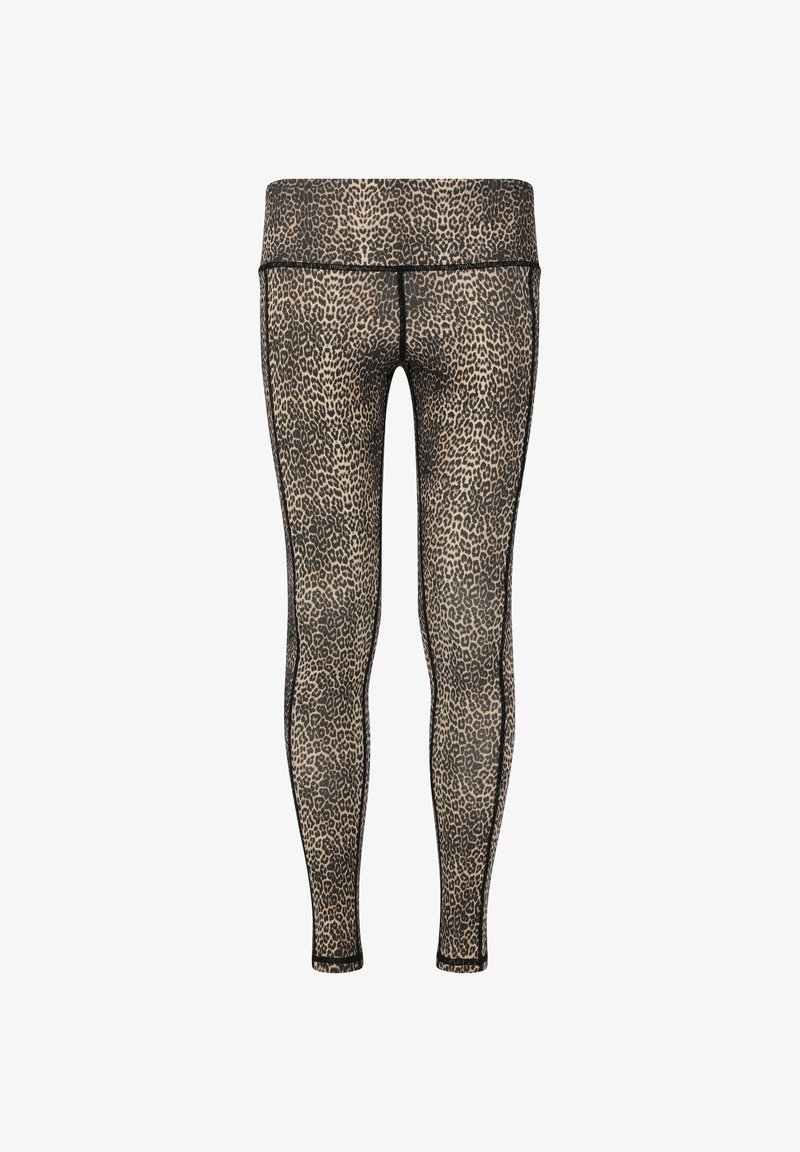 Beige en zwarte leggings met luipaardpatroon, met een hoge tailleband, een gladde textuur en een aansluitend ontwerp.