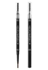 Zweiköpfiger Augenbrauenstift mit einem braunen Ende und einer Spoolie-Bürste auf der gegenüberliegenden Seite. Schwarzes Gehäuse mit silbernen Akzenten und Branding.