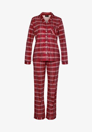 Roter karierteter Schlafanzug aus weichem Material, bestehend aus einer knöpfbaren Bluse mit Kragen und Tasche sowie passenden, locker sitzenden Hosen mit geradem Bein.