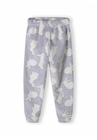 Lila fleecebyxor med ett mönster av vita kaniner. Designade med en elastisk midja och smalnande ärmar. Mjuk och texturerad tyg.
