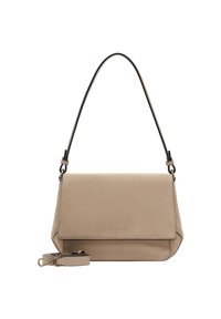 Borsa a mano in suede beige con un design strutturato, caratterizzata da una patta ripiegabile, manico superiore e tracolla removibile con dettagli in metallo.