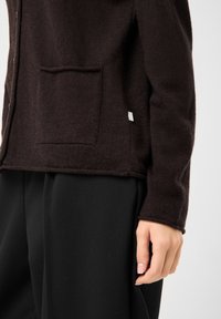 Brauner, gestrickter Cardigan mit einer Fronttasche, Knopfverschluss und einem kleinen Markenetikett. Kombiniert mit schwarzen Hosen, die einen lockeren Sitz zeigen.
