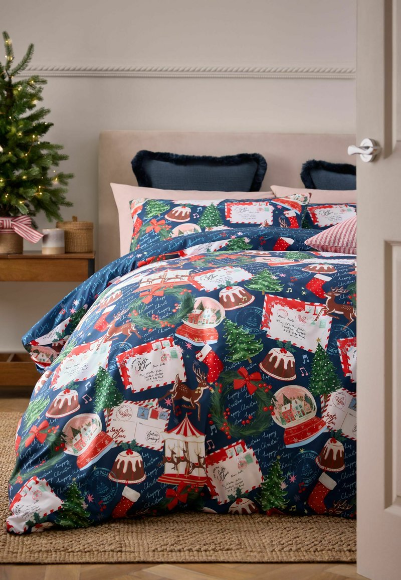 Next CHRISTMAS POSTCARD DUVET COVER AND PILLOWCASE SET - Bettwäsche - navy/blau