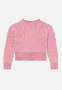 Maglione corto a maniche lunghe di colore rosa chiaro, caratterizzato da un motivo a maglia texturizzata e orli e polsini a costine.