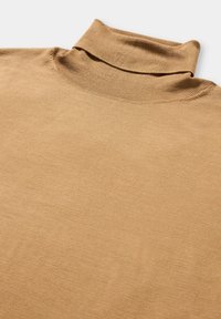 Béžový rolákový svetr vyrobený z měkké, lehké látky. Má vysoký límec a hladkou strukturu s žebrovanými detaily na krku.