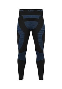 Black active leggings featuring blue geometric patterns and stripes, made from stretchy fabric. The waistband has "POLAR HUSKY" printed.
