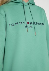 Primer plano de una persona que lleva una sudadera verde de Tommy Hilfiger con logo bordado y cordones con puntas doradas.