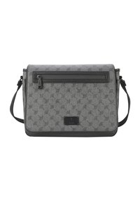 Borsa a tracolla grigia con esterno in tessuto fantasia, dettagli in pelle nera, tracolla regolabile singola e tasca frontale con zip.