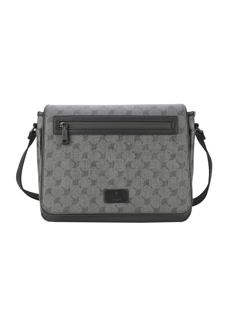 Borsa a tracolla grigia con esterno in tessuto fantasia, dettagli in pelle nera, tracolla regolabile singola e tasca frontale con zip.