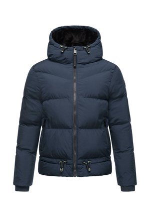 Veste rembourrée bleu marine avec capuche, dotée d'une fermeture éclair sur le devant, de cordons de serrage et de poignets élastiques. Texture lisse et motif en chevrons sur le tissu.