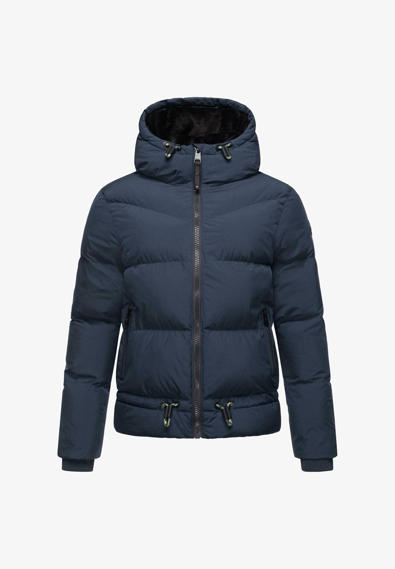 Giacca imbottita navy con cappuccio, caratterizzata da una zip frontale, lacci e polsini elasticizzati. Tessuto a trama liscia con motivo a zigzag.