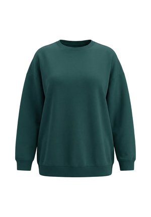 Dunkelgrünes, übergroßes Sweatshirt mit Rundhalsausschnitt, langen Ärmeln sowie gerippten Bündchen an Ärmeln und Saum, auf weißem Hintergrund dargestellt.
