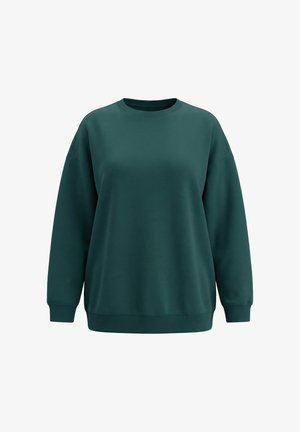 Ciemnozielona, oversizeowa bluza z okrągłym dekoltem, długimi rękawami oraz ściągaczami na mankietach i dole, przedstawiona na białym tle.