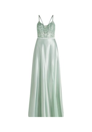 Robe en satin vert clair avec un corsage orné de fleurs, bretelles fines et jupe longue fluide avec une fente latérale.