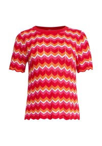 Rode en oranje top met korte mouwen, voorzien van een zigzagpatroon met scalloped randen en geribbelde textuur. Ronde halslijn, lichtgewichte stof.