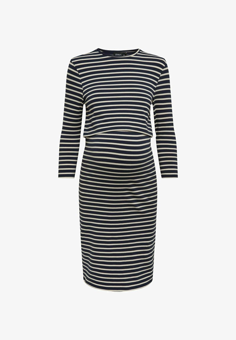 Robe de maternité rayée aux couleurs bleu marine et crème, manches longues, silhouette ajustée et taille froncée pour plus de confort.