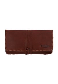 Brown leather wallet with a smooth texture, folded design, and a tied strap. Features contrasting stitching and embossed logo on the front.