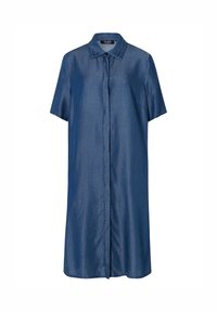 Denim shirtjurk in donkerblauw, korte mouwen, met kraag, knoopsluiting, met een losse pasvorm en subtiele stiksels.