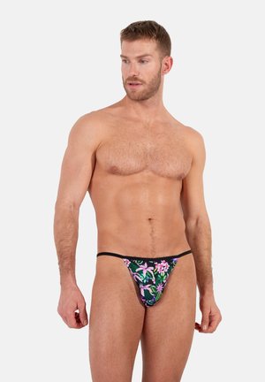 Blumenmuster-Ding mit schwarzem elastischem Bund, mit lebhaften rosa und grünen Blumen auf schwarzem Hintergrund, entworfen für minimale Abdeckung.