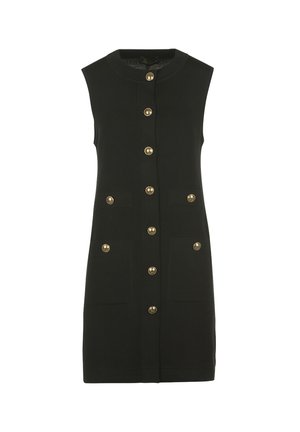 Robe noire sans manches avec des boutons dorés sur le devant et sur quatre poches avant, coupe droite, encolure ronde.