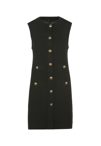 Vestito nero senza maniche con bottoni dorati sul davanti e su quattro tasche anteriori, taglio dritto, scollatura rotonda.