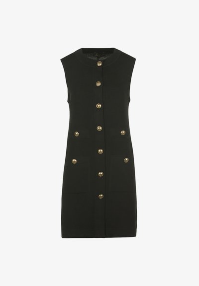 Rochie neagră fără mâneci, cu nasturi aurii pe față și pe cele patru buzunare din față, croi drept, decolteu rotund.