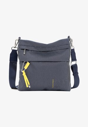 Marineblå og hvid vævet crossbody taske med justerbar rem, front lynlåslomme og gul lynlåstrækker detalje.