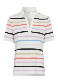 Korte mouw polo shirt in het wit met horizontale strepen in roze, paars, zwart, rood en blauw. V-hals ontwerp met een zachte textuur.