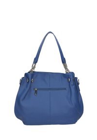 Bolso de cuero azul con forma redondeada, dobles asas y acentos de hardware decorativos. Presenta un bolsillo con cremallera en la parte frontal.