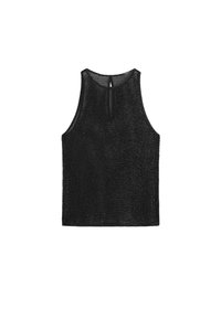 Černý bezrukávový top z tanku s texturou síťoviny, se zaobleným výstřihem a detailem ve tvaru klíčové dírky na zádech.