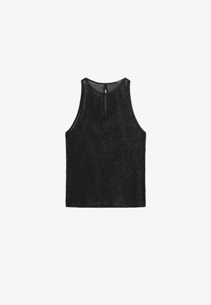 Czarny bezrękawnik wykonany z siateczkowego materiału, z okrągłym dekoltem i detalem w formie łezki z tyłu.