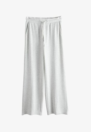 Hõbedased laiad sweatpantsid, mis on valmistatud pehmest kangast, elastse vöökoha ja nööriga, ning kahe küljetaskuga.