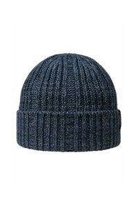 Gebreide beanie in diepe blauwtinten, met een geribbeld textuur en omgeslagen ontwerp, gemaakt van zacht, warm materiaal.